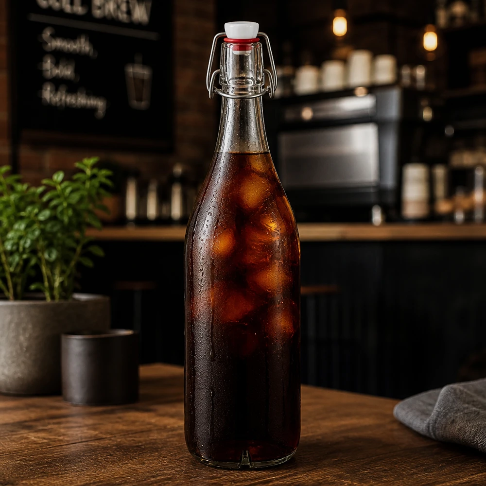 1000ml skleněná láhev + otočný vršek PVC UNiTWIST 1000ml Glasflasche mit Bügelverschluss gefüllt mit Cola-Getränk auf Holztheke in stilvoller Café-Atmosphäre
