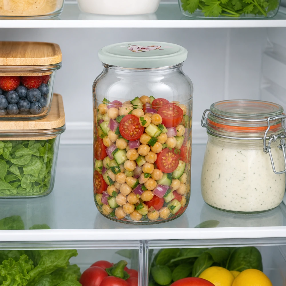 1062ml kulatá sklenice + víčko BasicSeal srdíčková máta UNiTWIST Kichererbsensalat im 1062ml Rundglas mit mintgrünem Herz-Deckel im Kühlschrank zeigt Meal-Prep-Aufbewahrung