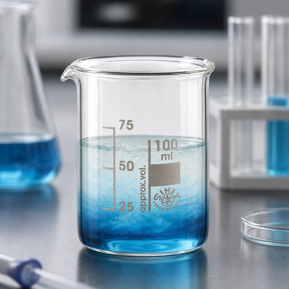 Kádinka 100ml z borosilikátového skla, nízký tvar. 100ml Becherglas niedrige Form aus bruchfestem Borosilikatglas für den täglichen Laboreinsatz