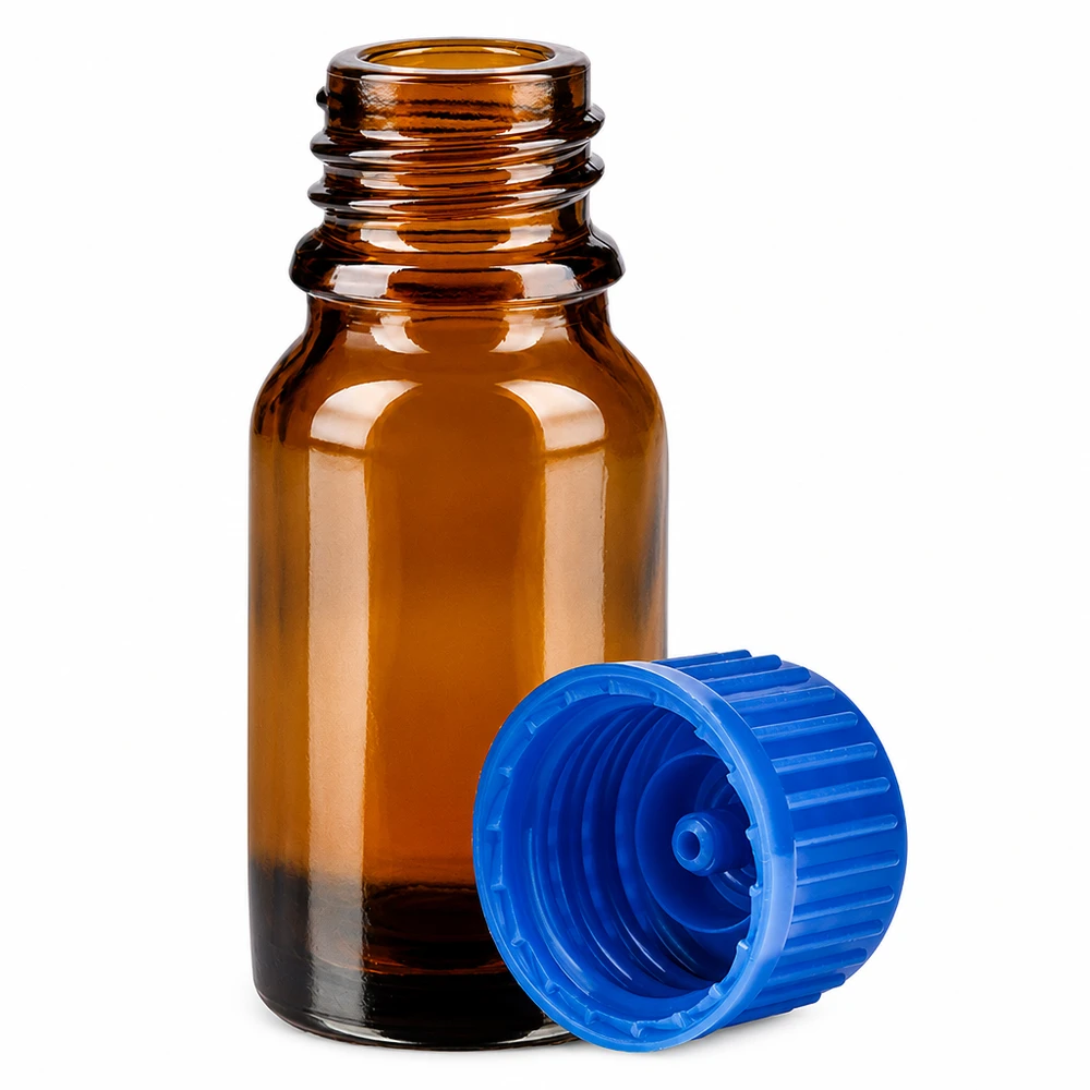 10ml láhev 11mm šroubovací uzávěr modrá Standard BrownLine UT18/10 Professionelle 10ml Glasflasche braun mit sicherem blauen Schraubverschluss für Proben