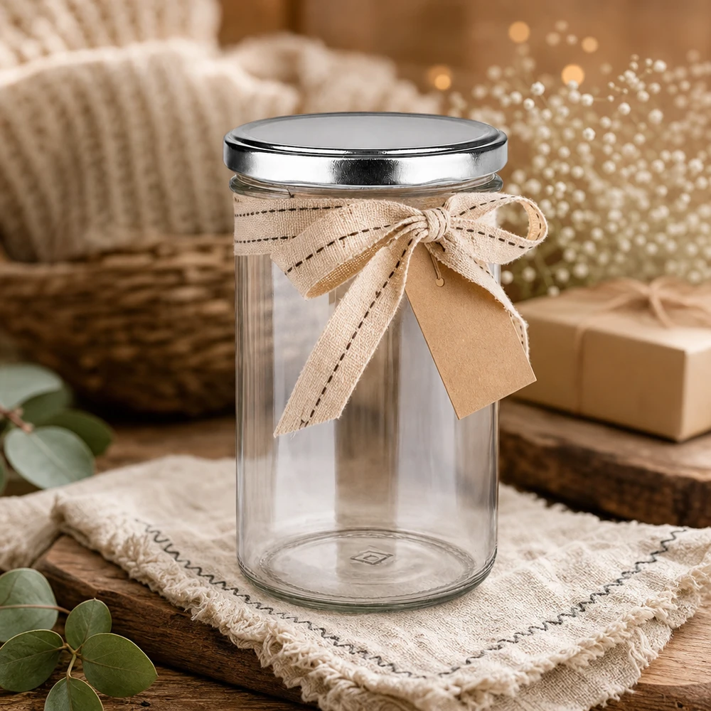 277ml Sturzglas mit BasicSeal Deckel silber dekorativ mit Schleife Geschenkverpackung rustikale Holzoptik Ambiente
