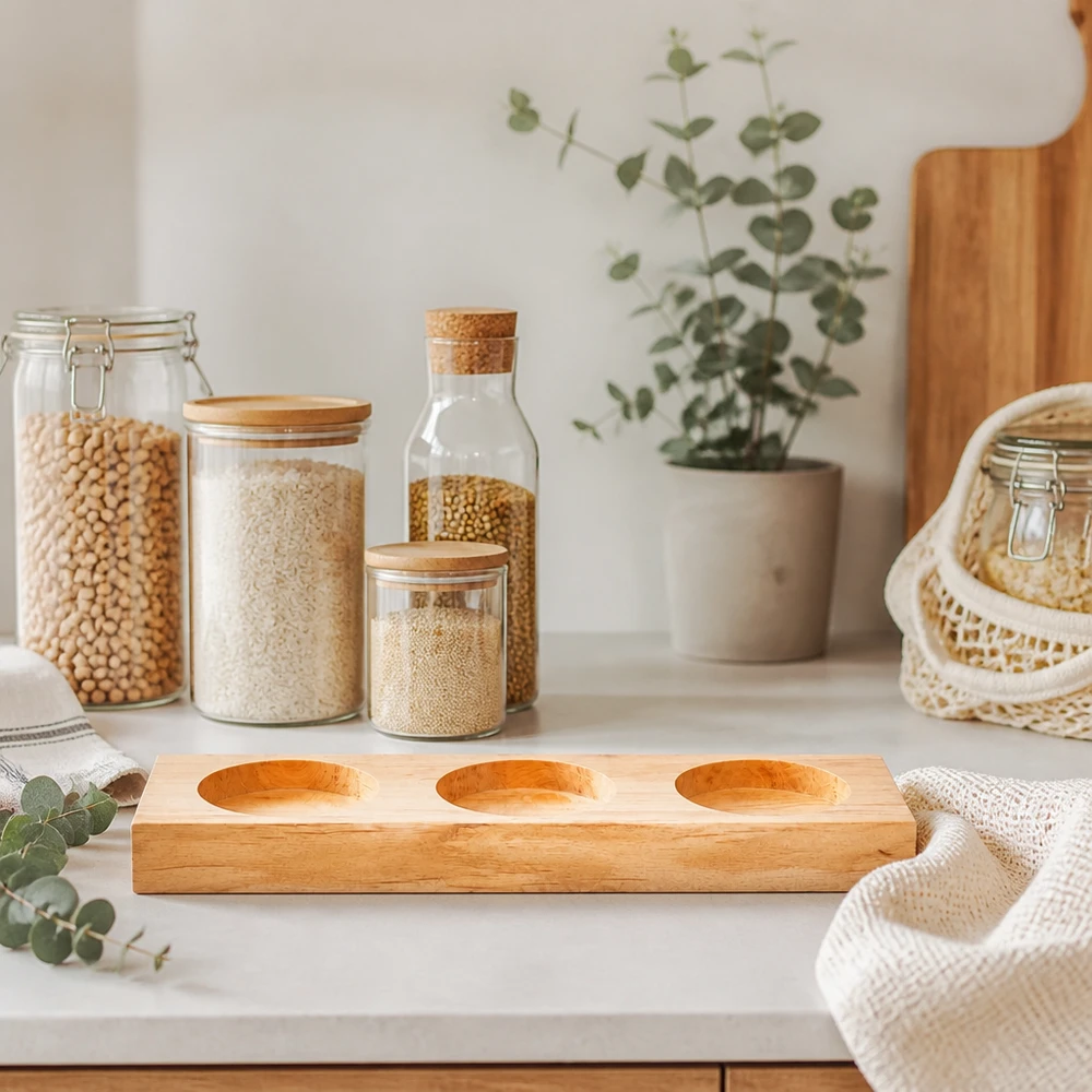 Servírovací prkénko Plano3 pro 3 tumblery WECK Servierbrett Plano3 aus Bambus auf weißer Arbeitsplatte mit Vorratsgläsern und eucalyptus Deko im skandinavischen Küchen