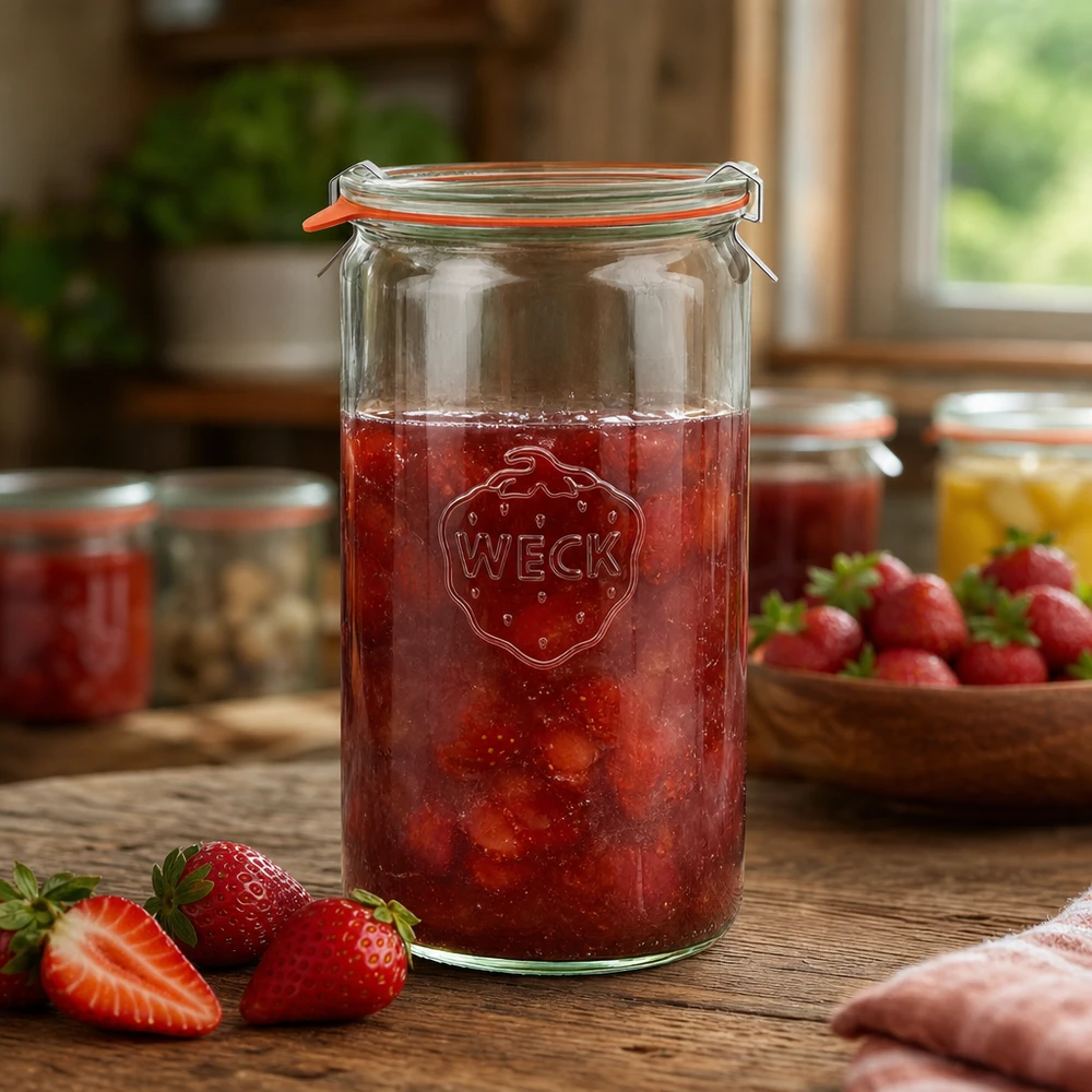 WECK Einmachglas 1590ml befüllt mit Erdbeermarmelade auf Holztisch mit frischen Erdbeeren im Hintergrund