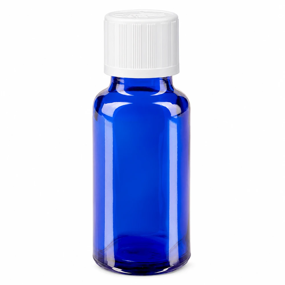 Lékárenská lahvička modrá 20ml šroubovací uzávěr bílý standard odolný proti otevření dětmi. Pharmazeutische Glasflasche 20ml in Blau mit kindersicherem weißem Verschluss