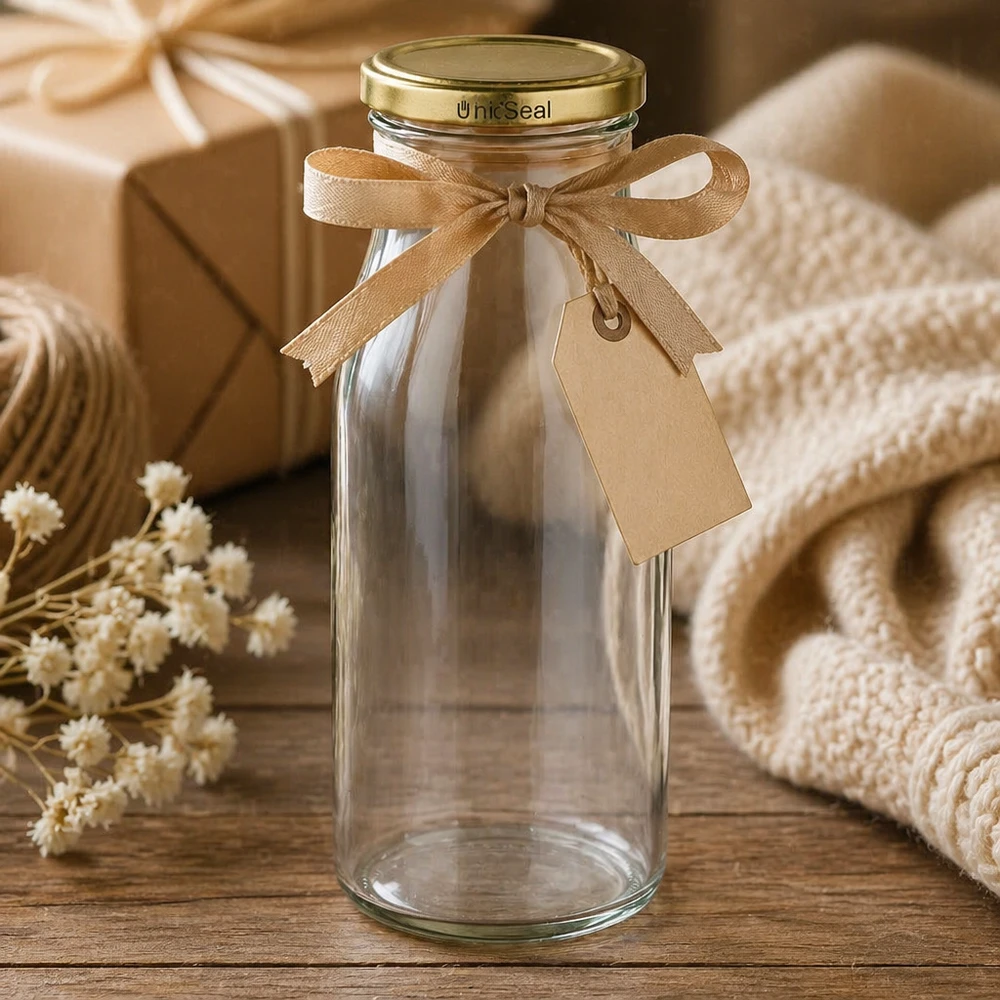 Láhev 150 ml se zlatým víčkem UNiTWIST BioSeal. UNiTWIST Glasflasche 150ml dekorativ präsentiert mit Schleifenband goldener BioSeal Deckel Geschenkidee Lifestyle