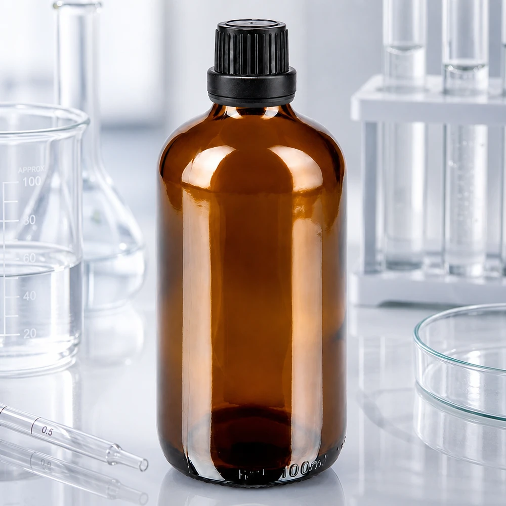 Medizinische Braunglasflasche 100ml mit kindersicherem Schraubverschluss 11mm schwarz