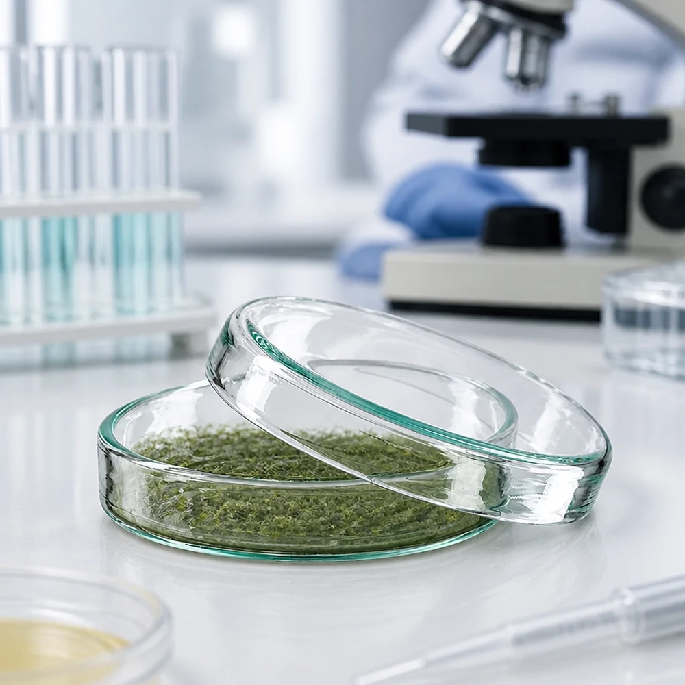 Petriho miska o průměru 60 mm z čirého laboratorního skla pro kultivaci mikroorganismů a buněčných kultur. Výška 15 mm Transparente Glaspetrischale 60x15 mm für mikrobiologische Pflanzenproben im Einsatz