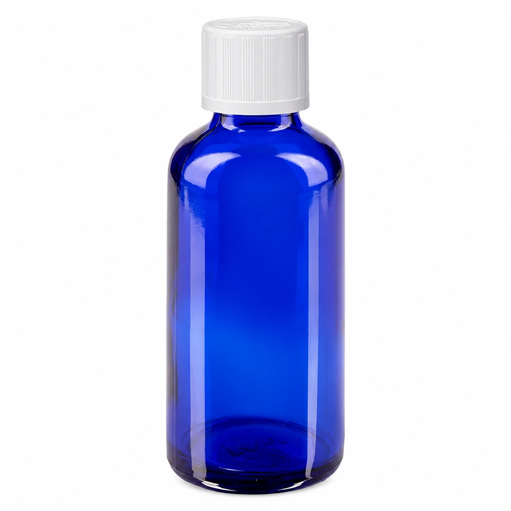 Kleine blaue Apothekerflasche 50ml UV-Schutzglas weißer Kindersicherheitsverschluss