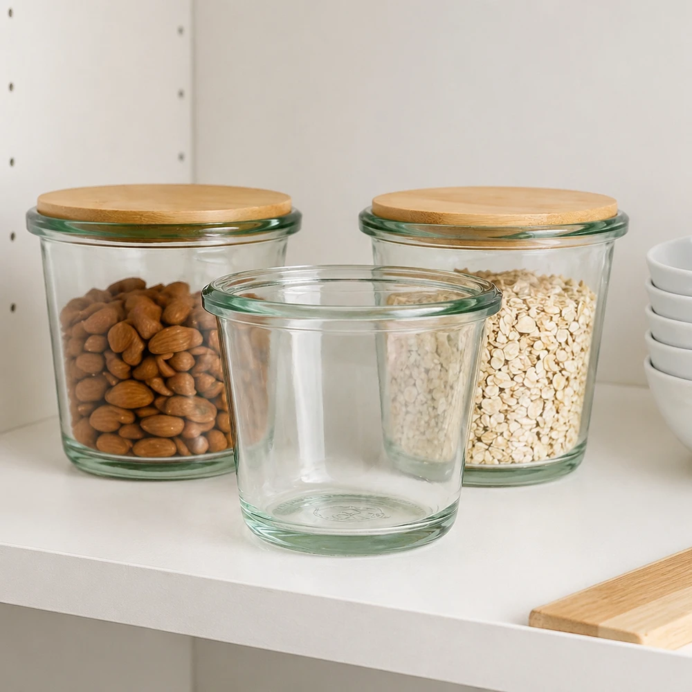 80ml sklenice na gurmánský nápoj WECK RR60 80ml WECK Gourmetglas RR60 in moderner Küche als Vorratsglas für Nüsse und Haferflocken mit Bambusdeckel
