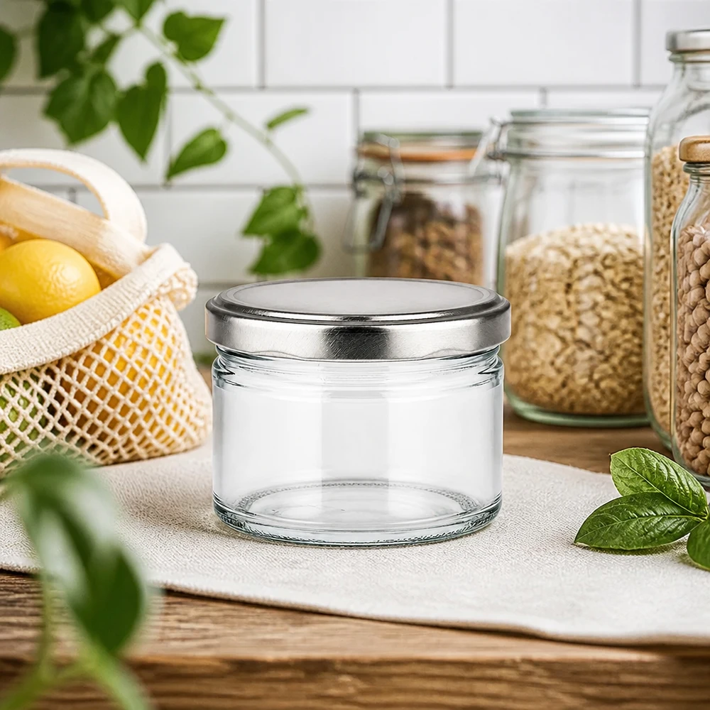 540ml kulatá sklenice + víčko BasicSeal stříbrné matné UNiTWIST 540ml Rundglas mit silbernem Deckel in moderner Küche, nachhaltiges Aufbewahrungsglas zwischen Vorratsgläsern