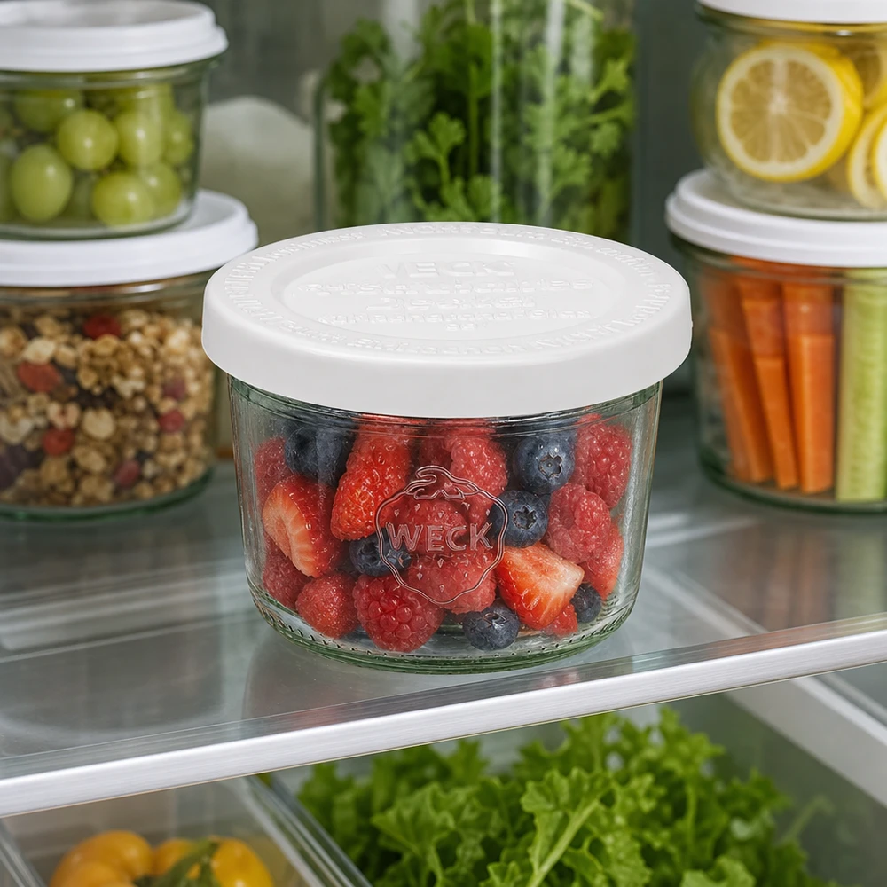 Zavařovací sklenice o objemu 80 ml s víčkem na osvěžení WECK RR60. 80ml WECK Sturzglas RR60 mit gemischten Beeren im Kühlschrank neben anderen Vorratsgläsern mit Gemüse und Obst