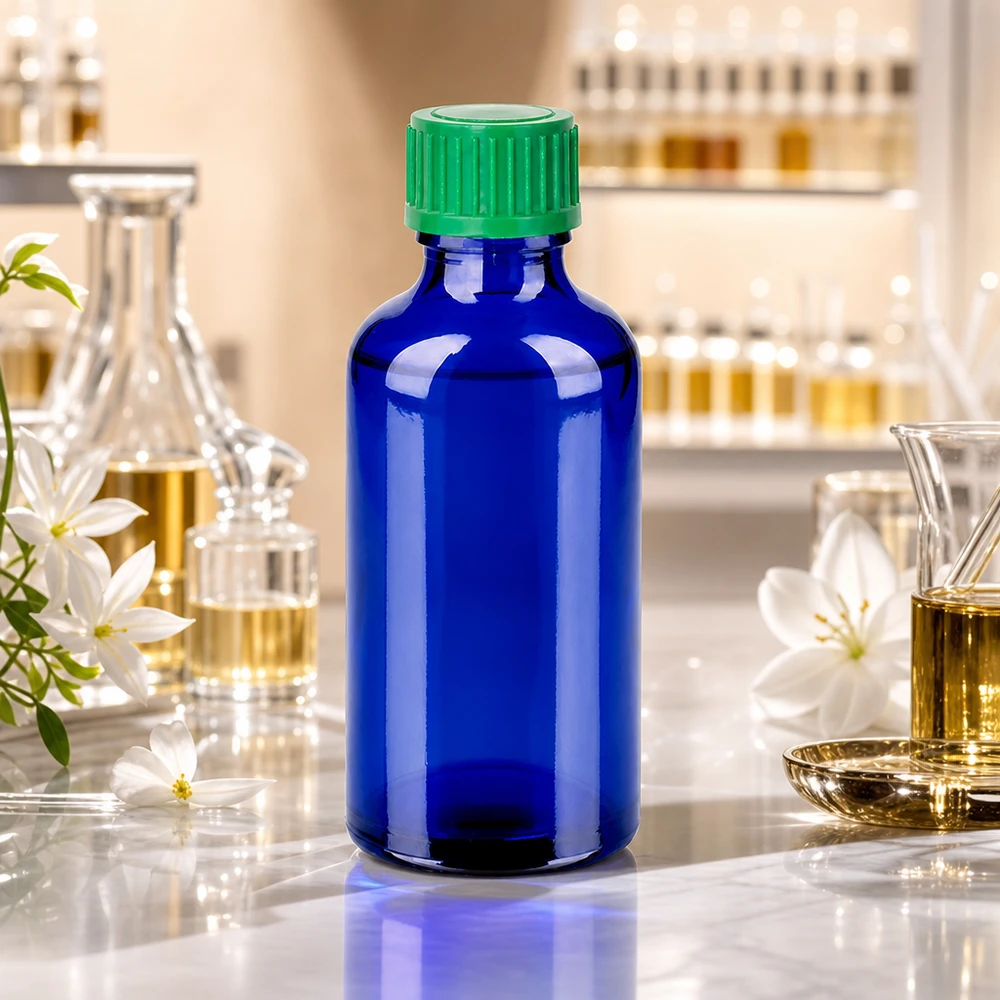 50ml lahvička s kapátkem 0,8 mm zelená standardní uzávěr BlueLine UT18/50 Kompakte Tropfflasche 50ml aus hochwertigem Glas mit grünem Verschluss für Naturheilkunde