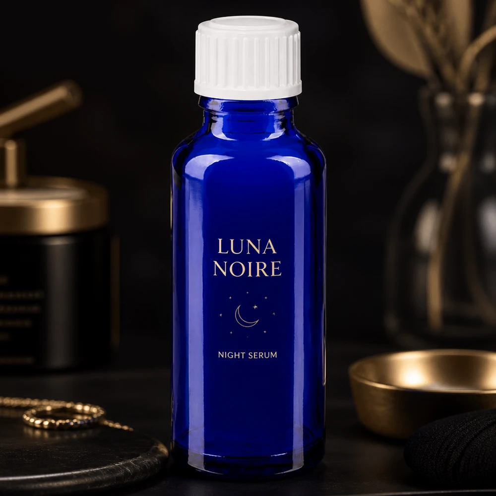 Lékárenská lahvička modrá 30ml šroubovací uzávěr bílá standardní Hochwertige blaue 30ml Glasverpackung mit weißem 11mm Verschluss für Kosmetikprodukte