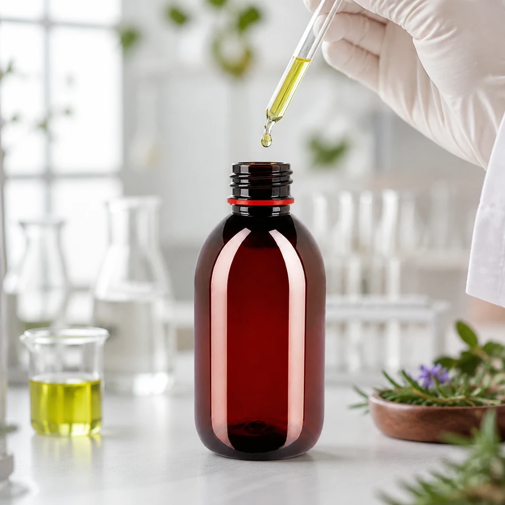 Hnědá PET láhev o objemu 250 ml s červeným bezpečnostním uzávěrem v laboratoři s pipetou a léčivými bylinami
