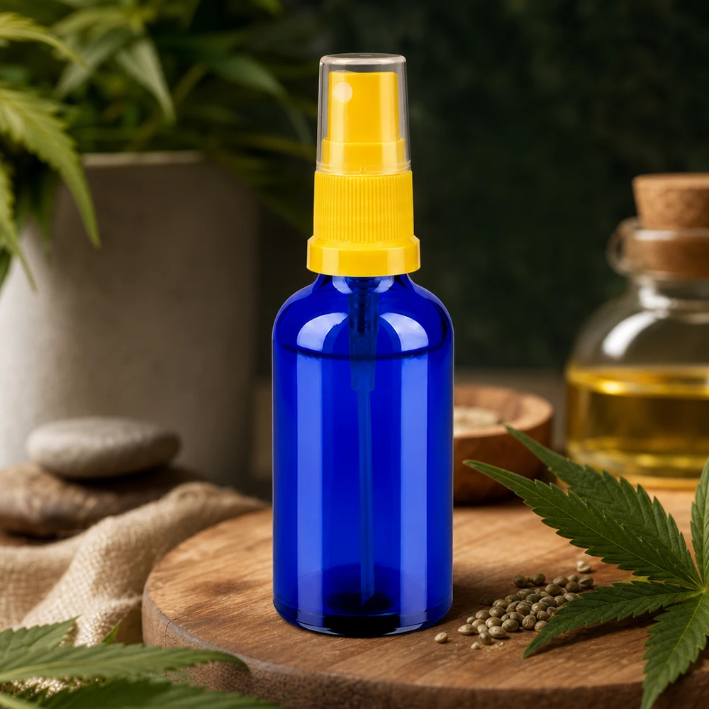 50ml lahvička s rozprašovačem žlutá/transparentní standardní uzávěr BlueLine UT18/50 Moderne Glasflasche 50ml mit Pumpspender in Apothekerqualität für Beauty und Körperpflege