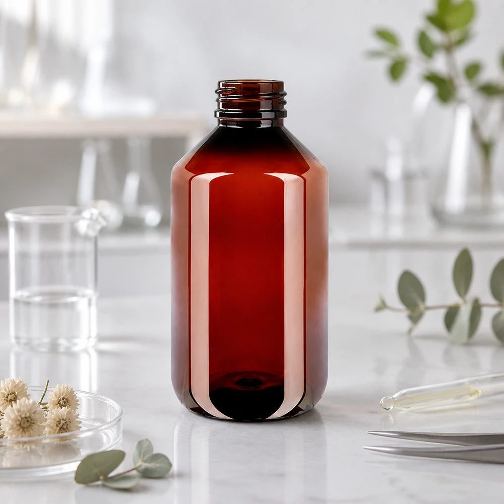 Prázdná 500ml PET láhev jantarové barvy s bílým originálním obalem, s rýhovaným povrchem imitujícím mramor a botanickými motivy