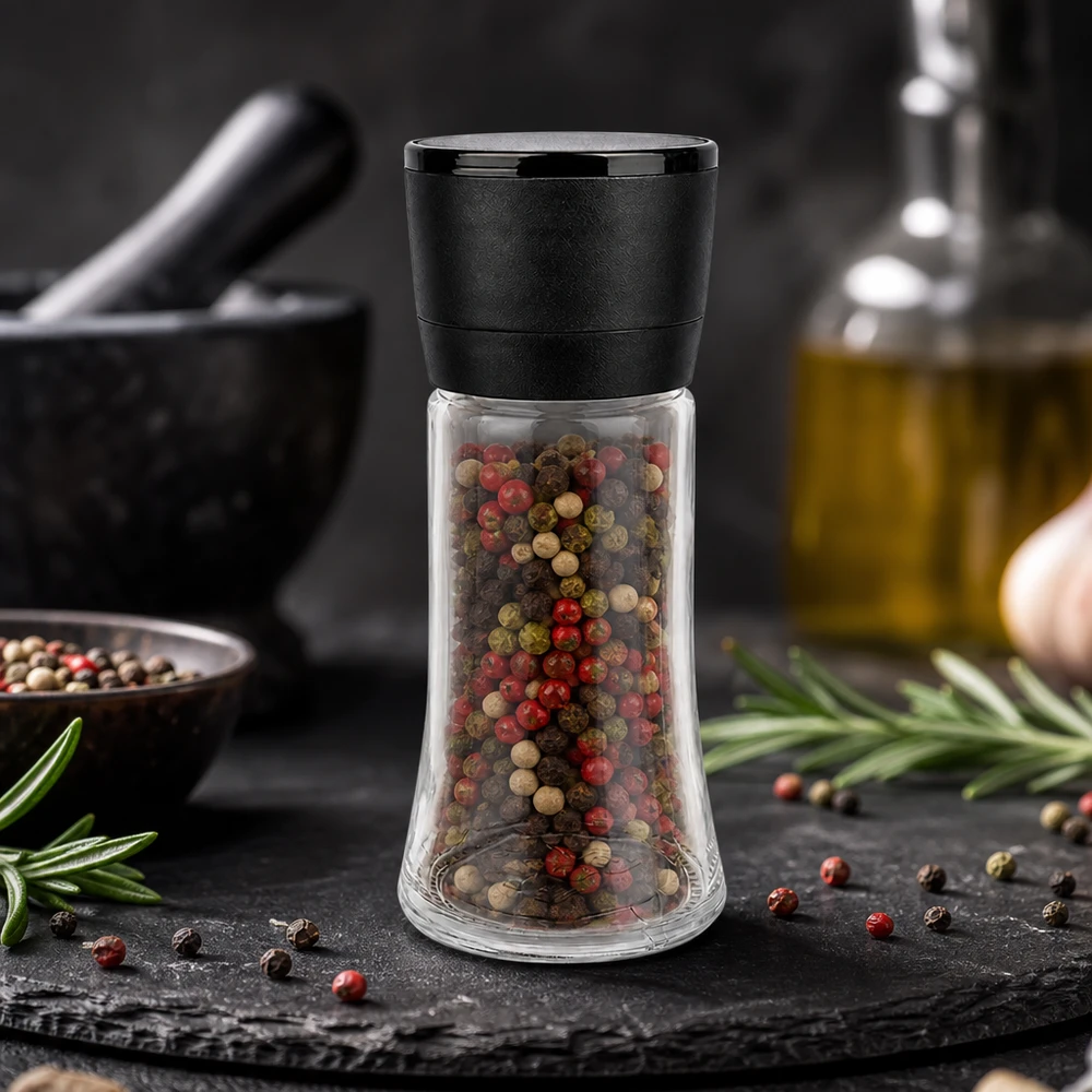 Dóza na sůl/koření 95 ml s mlýnkem Vario černá Gewürzglas mit integrierter Mühle Vario 95ml neben Olivenöl Knoblauch und Mörser in Küchenszene