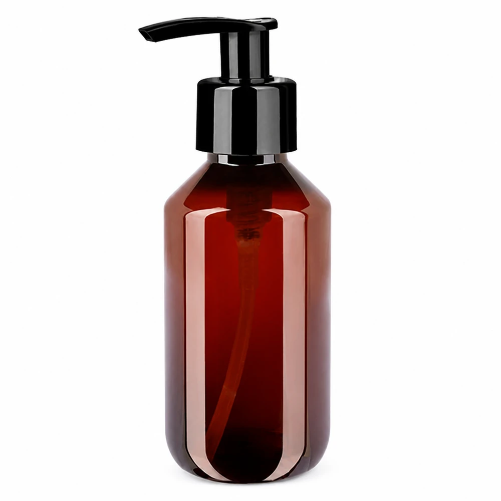 PET láhev 200ml s dávkovací pumpičkou černá PET láhev 200 ml, jantarově hnědá, s černou dávkovací pumpičkou pro kosmetiku a péči o tělo