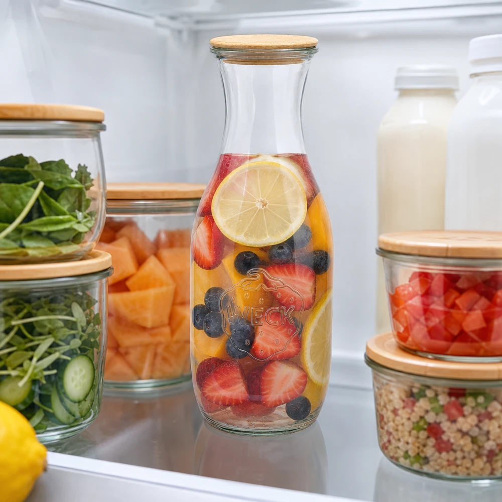 WECK 1062ml Saftflasche mit Holzdeckel im Kühlschrank gefüllt mit Beeren-Zitronen-Wasser neben Vorratsgläsern