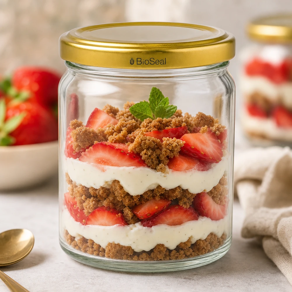 Kulatá nádoba o objemu 408 ml se zlatým víkem UNiTWIST BioSeal. UNiTWIST Runda408 Dessertglas mit goldenem TO82 BioSeal Deckel für Erdbeer-Tiramisu Schichtdessert mit Sahne