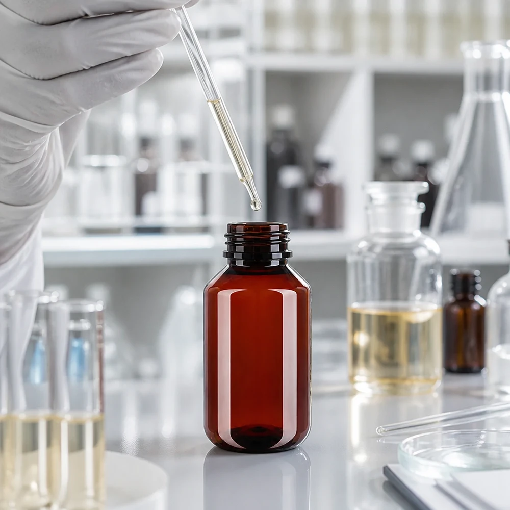 Hnědá PET láhev o objemu 100 ml s bílým vnějším obalem a pipetou v profesionálním laboratorním prostředí