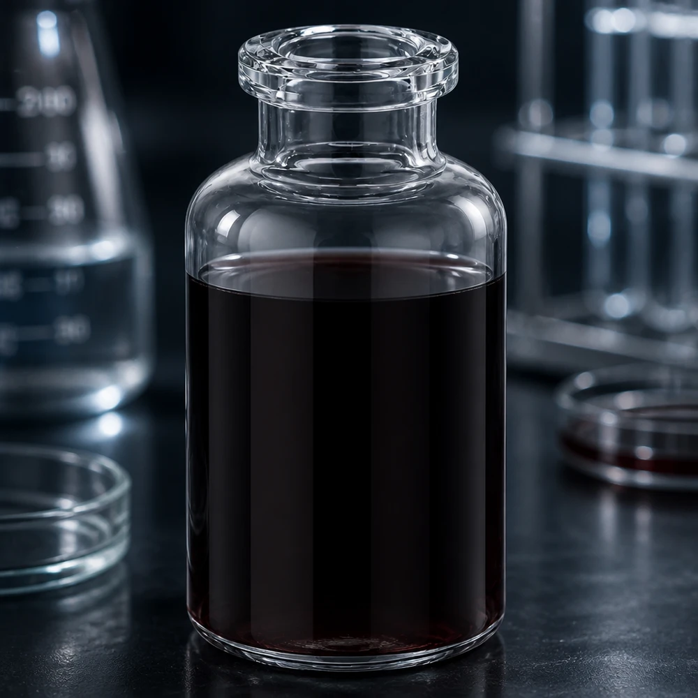 Injekční láhev z čirého skla 20ml Medizinische Klarglas Injektionsflasche 20ml mit dunkelbrauner Substanz in professioneller Laborumgebung