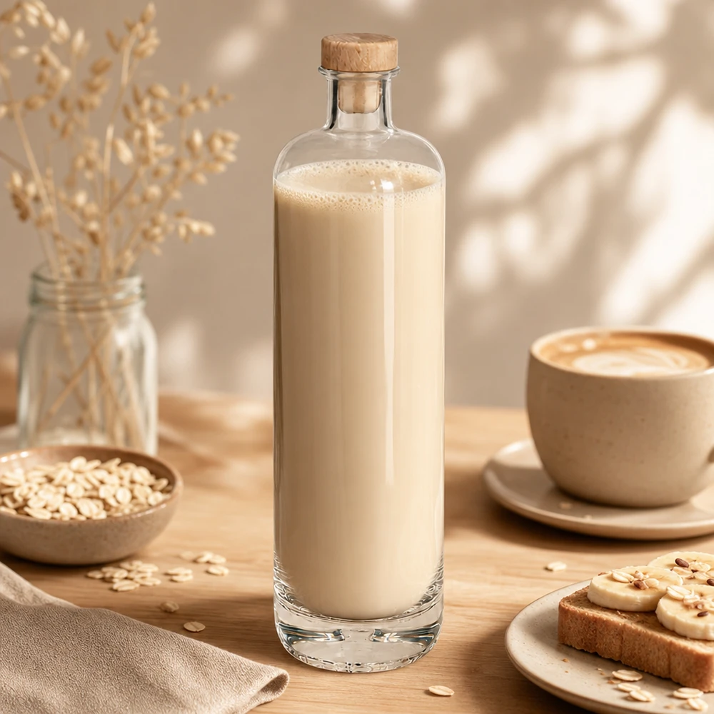 700ml Glasflasche Ella mit cremigem Hafermilch-Inhalt und Holzkorken in gemütlicher Frühstücks-Szene mit Haferflocken