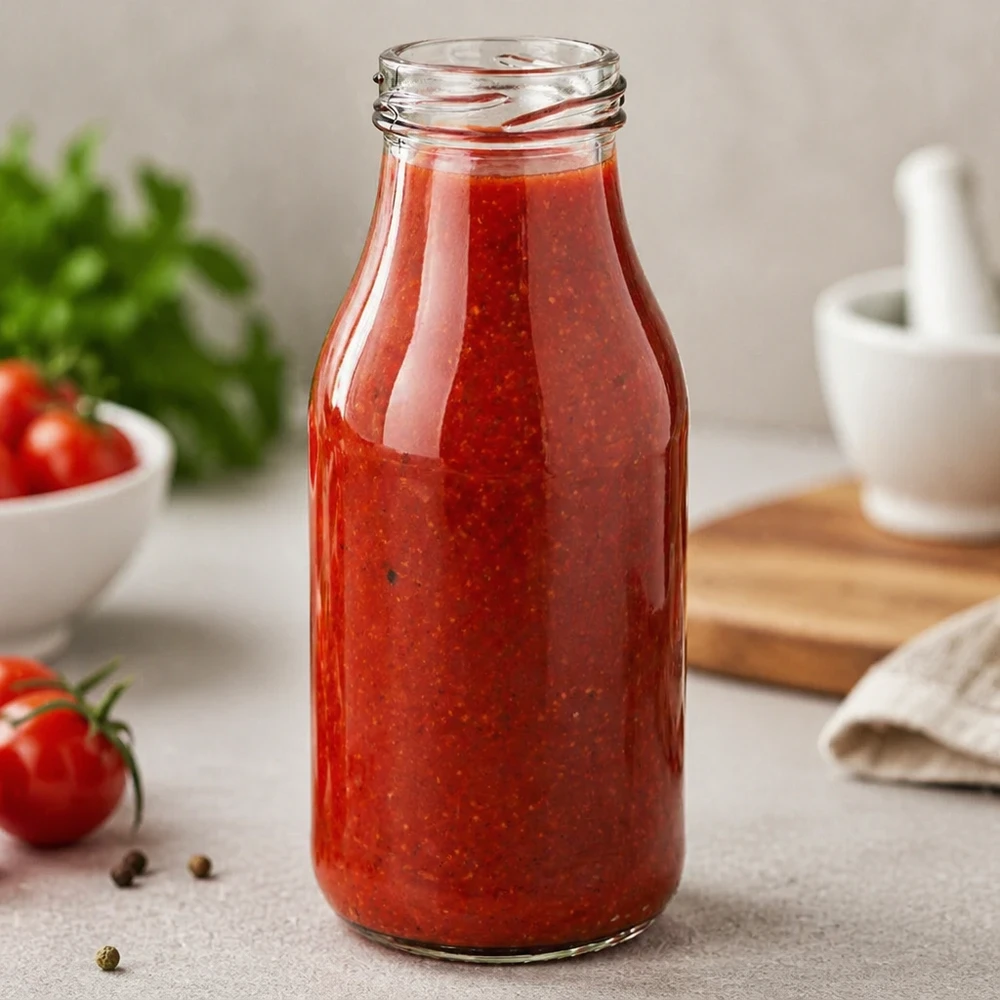 Láhev o objemu 263 ml bez víčka (TO43) UNiTWIST Elegante UNiTWIST Glasflasche 263ml mit roter Tomatensauce gefüllt in moderner Küche - perfekt für Saucen und Getränke