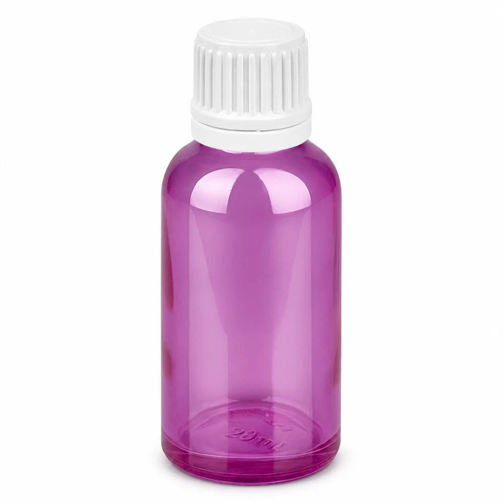 30ml láhev s 11mm šroubovacím uzávěrem bílá Originality šroubovací uzávěr PurpleLine UT18/30 Handliche 30ml Glasflasche in Purple Line Design mit sicherem weißen Schraubdeckel
