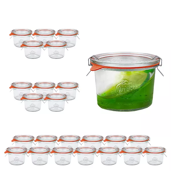 Sada 24 sklenic Weck 80ml tumblers s 24 skleněnými víčky, 24 ks. Sada 24 sklenic Weck 80ml tumblers s 24 skleněnými víčky, 24 ks.