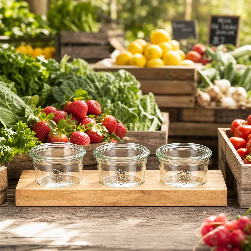 Servírovací prkénko Plano3 se 3 kelímky Weck o objemu 80 ml. Servierbrett Plano3 mit leeren Weck Sturzgläsern 80ml auf Marktstand zwischen frischem Obst und Gemüse