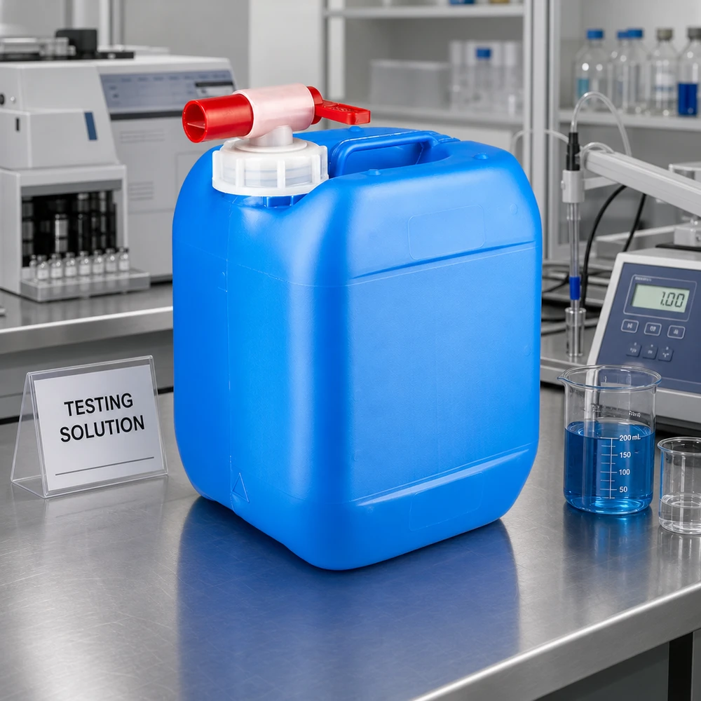 Kanystr 5 litrů modrý s vypouštěcím kohoutem Blauer Stapelkanister 5 Liter mit Auslaufhahn zur sicheren Lagerung von Testlösungen