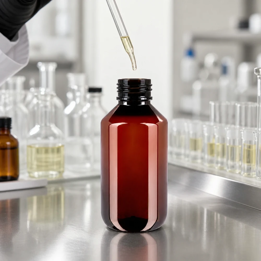 Jantarově zbarvená PET láhev o objemu 200 ml s pipetou při plnění na laboratorní pracovní desce z nerezové oceli