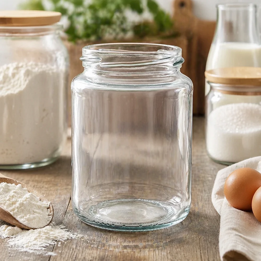 Kulatá sklenice o objemu 382 ml bez víčka (TO66) UNiTWIST UNiTWIST Runda382 Rundglas 382ml TO66 leeres Einmachglas auf Holztisch mit Küchenutensilien und Eiern im Hintergrund