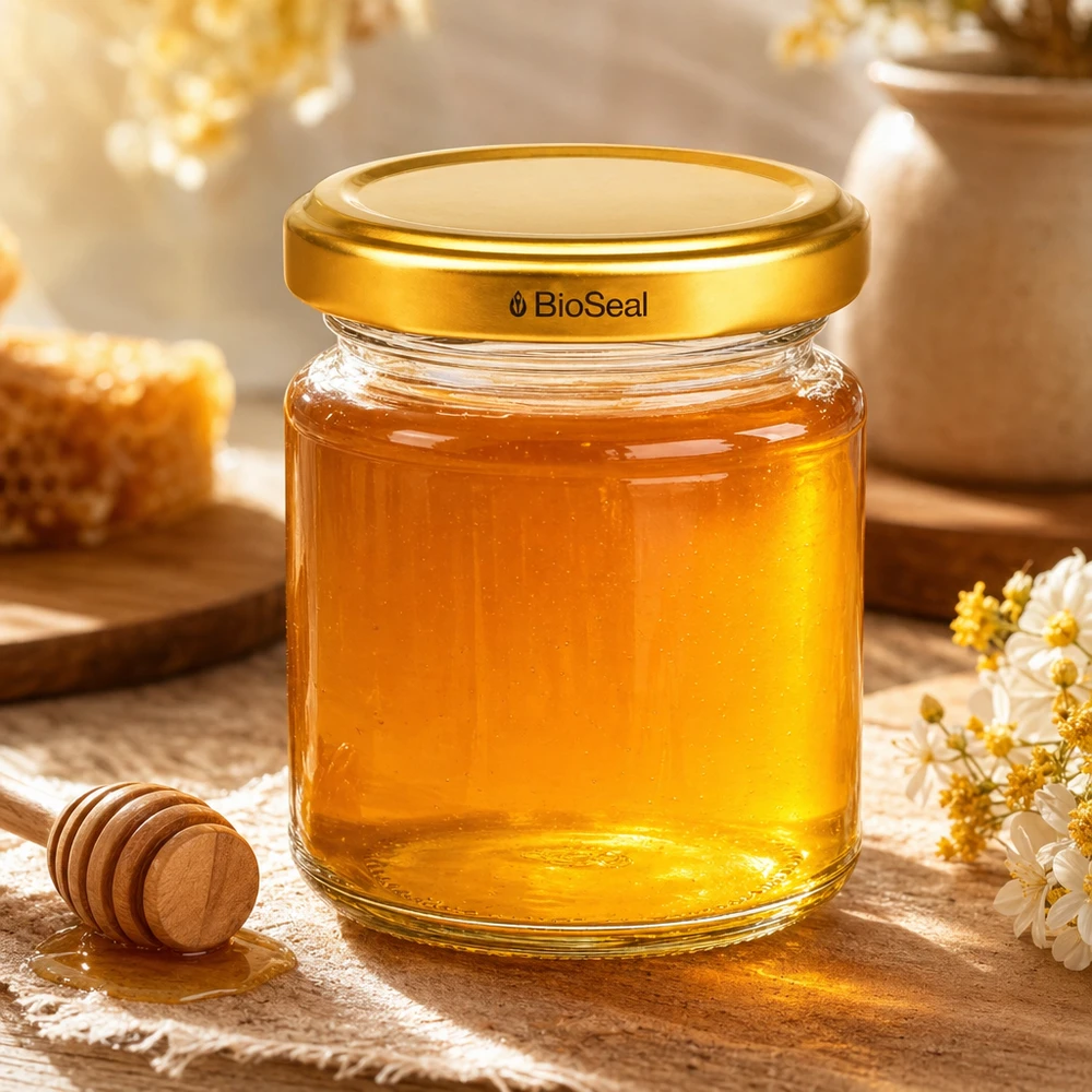 Kulatá dóza o objemu 53 ml se zlatým víčkem UNiTWIST BioSeal. UNiTWIST Runda53 Honigglas mit goldenem TO43 BioSeal Deckel gefüllt mit Honig neben Honiglöffel und Blüten