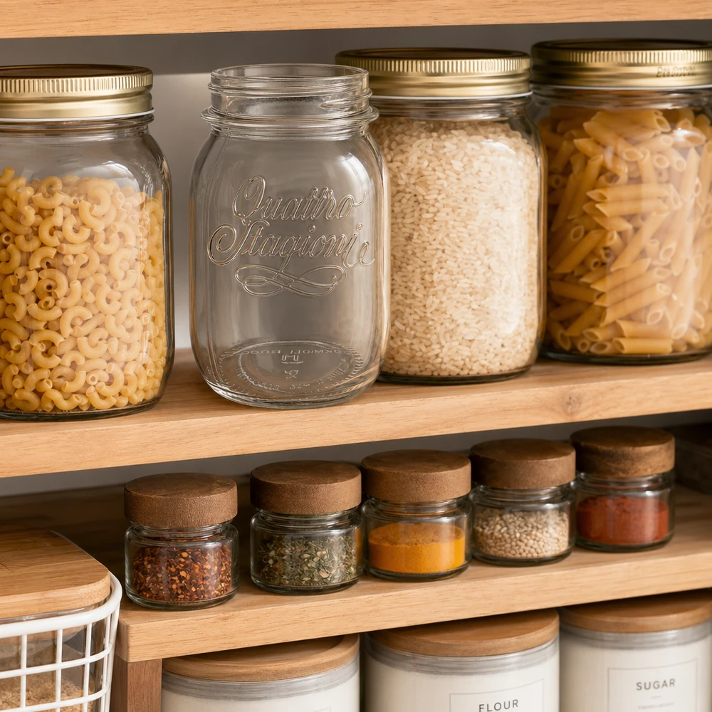 Quattro Stagioni 500ml Vorratsglas in organisierter Küchenpantry mit Pasta Reis und Gewürzen für stilvolle Aufbewahrung