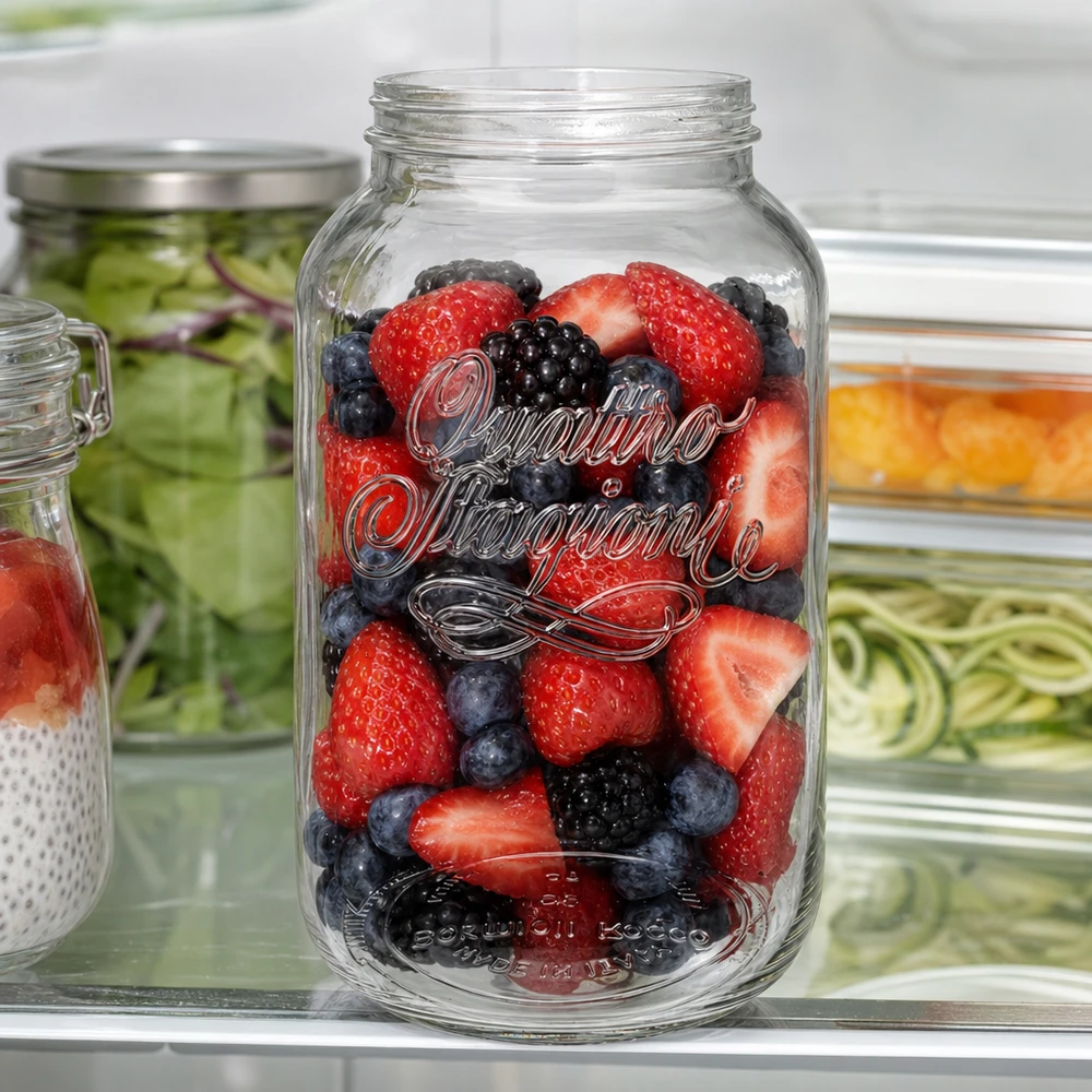 3800ml kulatá zavařovací sklenice "Quattro Stagioni" QS110mm 3800ml Quattro Stagioni Haushaltsglas mit frischen Beeren gefüllt im Kühlschrank als Vorratsbehälter für Obst