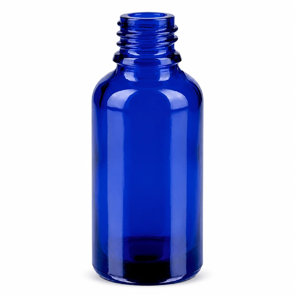 30ml lahvička s kapátkem 0,8 mm zelená standardní uzávěr BlueLine UT18/30 Kompakte blaue Glasflasche 30ml BlueLine Serie mit tropfgenauem grünem Verschluss