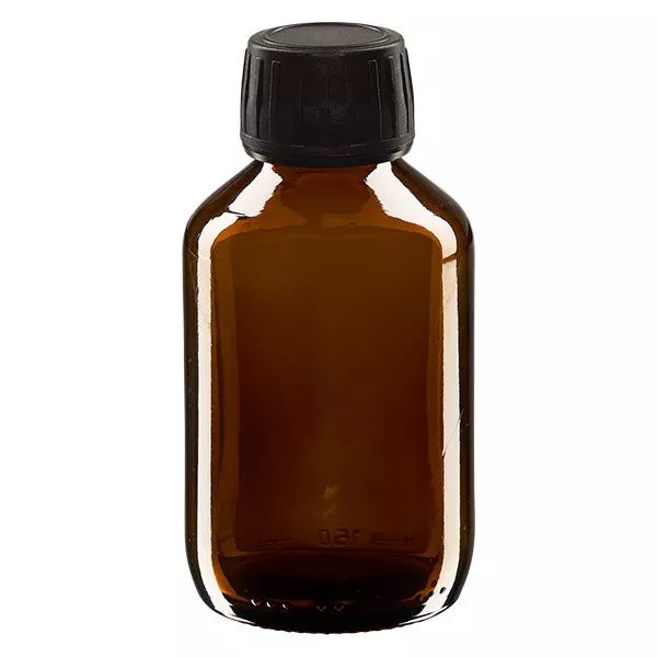 150ml lahvička na léky hnědá, černý uzávěr s kroužkem proti neoprávněné manipulaci ApoGlas