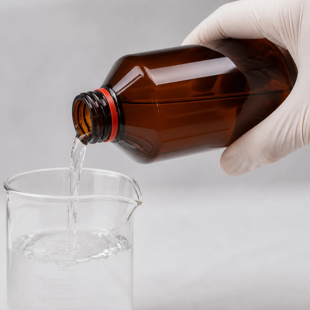 Laborant nalévá čirou chemikálii z hnědé 500ml PET láhve s červeným uzávěrem do kádinky