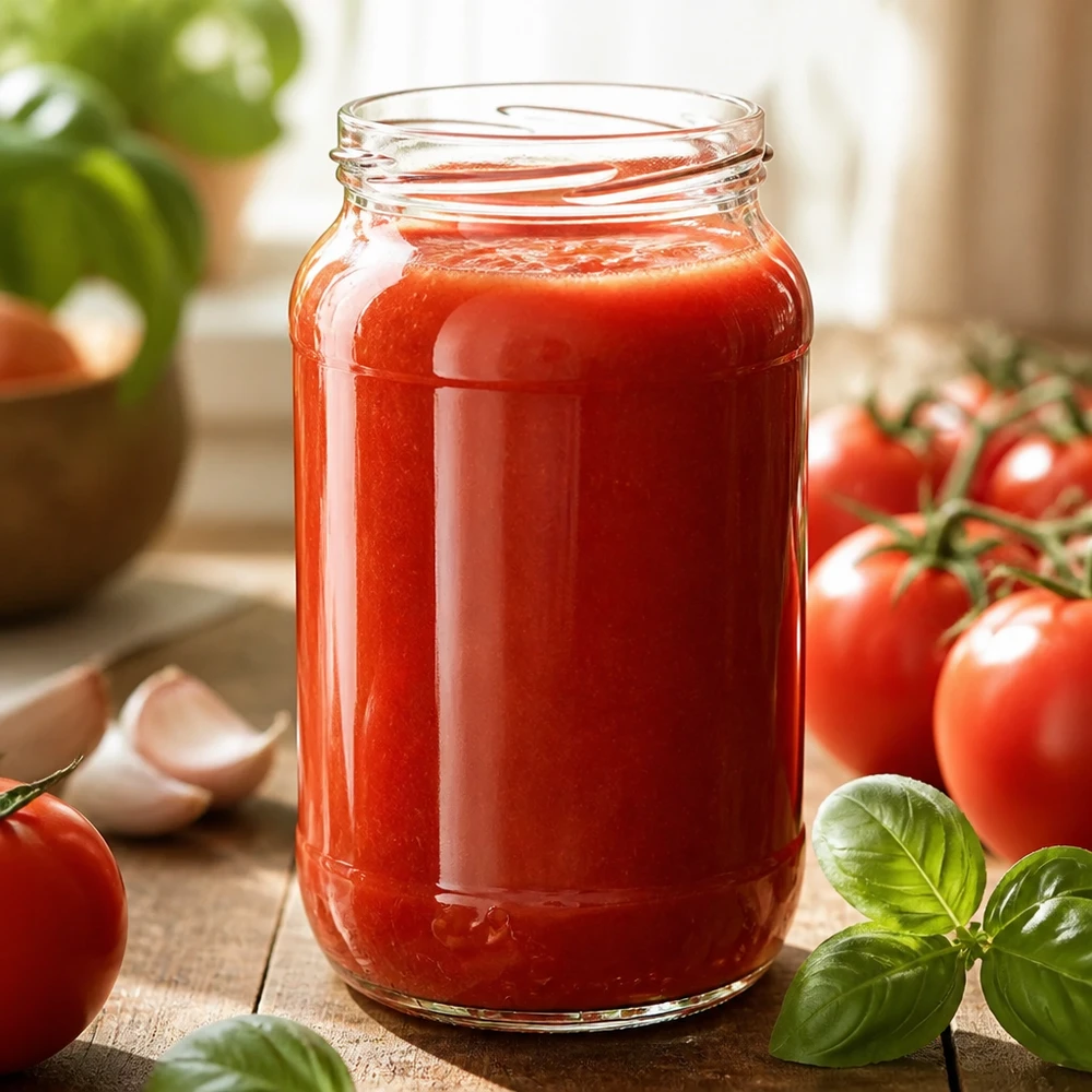 Kulatá dóza o objemu 1062 ml bez víčka (TO82) UNiTWIST UNiTWIST Runda1062 – skleněná láhev 1062 ml s domácí rajčatovou omáčkou a čerstvým bazalkou