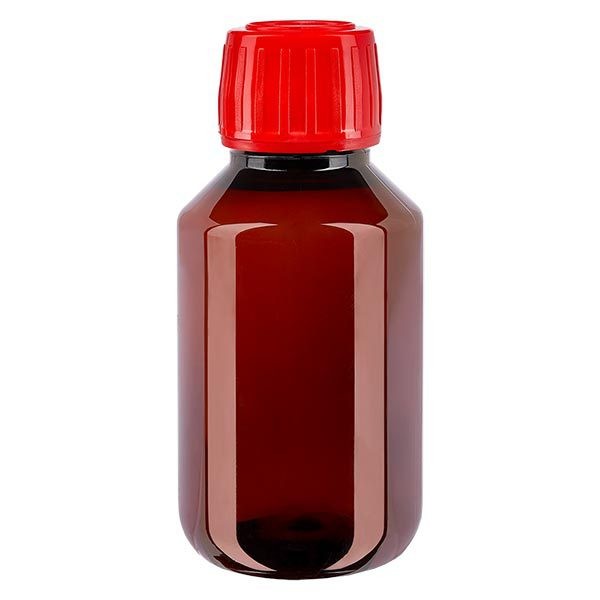 PET láhev 100ml s červeným uzávěrem s ochranou proti manipulaci. PET láhev 100ml s červeným uzávěrem s ochranou proti manipulaci.