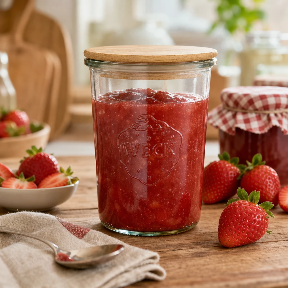 850ml tumblery WECK RR100 s dřevěným víčkem buchta WECK Einmachglas 850ml mit Erdbeermarmelade befüllt Holzdeckel Küchenszenerie frische Erdbeeren Dekoration