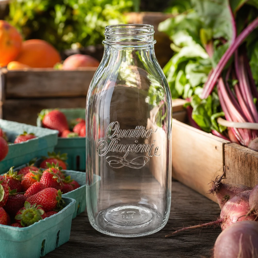 1000ml skleněná láhev "Quattro Stagioni" QS56mm Quattro Stagioni Weithalsflasche 1000ml aus Glas auf Holztisch mit frischen Erdbeeren und Gemüse im Hintergrund
