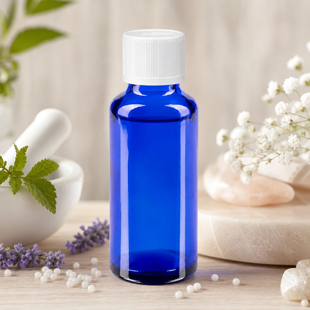 Lékárenská láhev modrá 30ml kapátko bílý uzávěr odolný proti otevření dětmi standardní. Medizinische Glasflasche 30ml in Kobaltblau mit weißem KiSi-Verschluss neben Homöopathiekügelchen