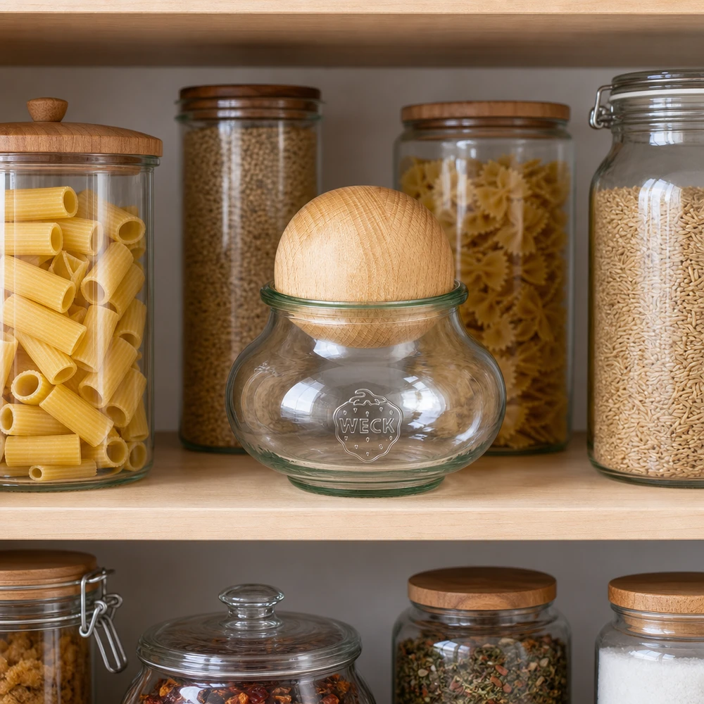 Dóza na šperky WECK RR80 o objemu 560 ml s kuličkou z bukového dřeva WECK Glas 560ml RR80 Buchenkugel Deckel in Vorratsschrank mit Nudeln Reis Linsen organisierte Küche Aufbewahrung
