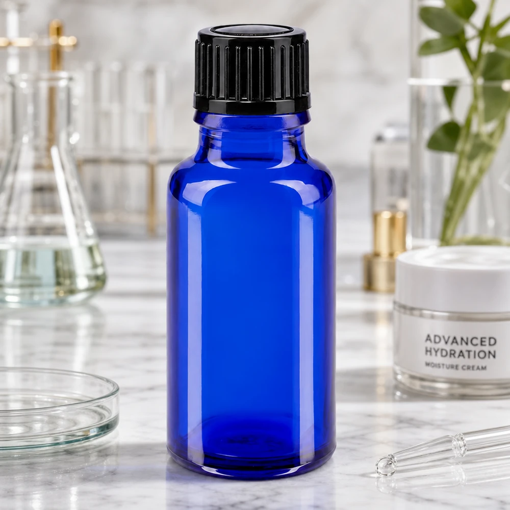 Lékárenská láhev modrá 20ml šroubovací uzávěr černý standardní Blaue Tropfflasche 20ml aus Borosilikatglas mit schwarzem Standardverschluss auf Marmor