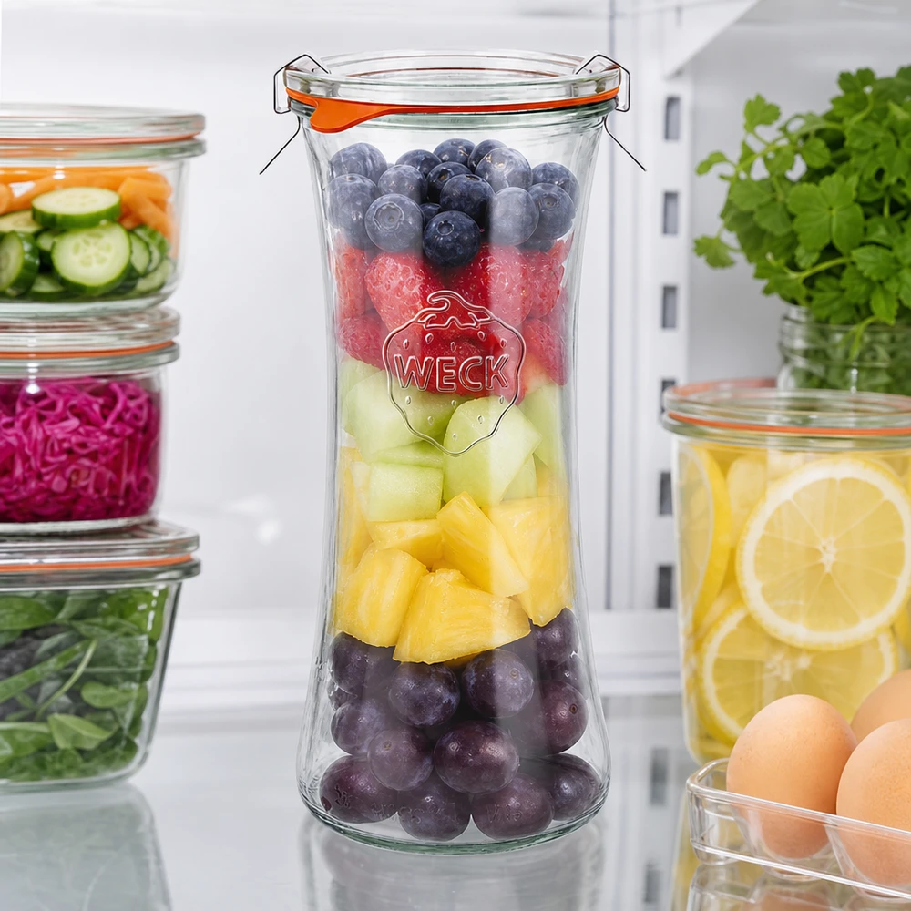 700ml lahůdková sklenice kompletní WECK RR80 WECK Delikatessenglas 700ml RR80 mit buntem Obstsalat gefüllt, Bügelverschluss-Einmachglas für frische Früchte