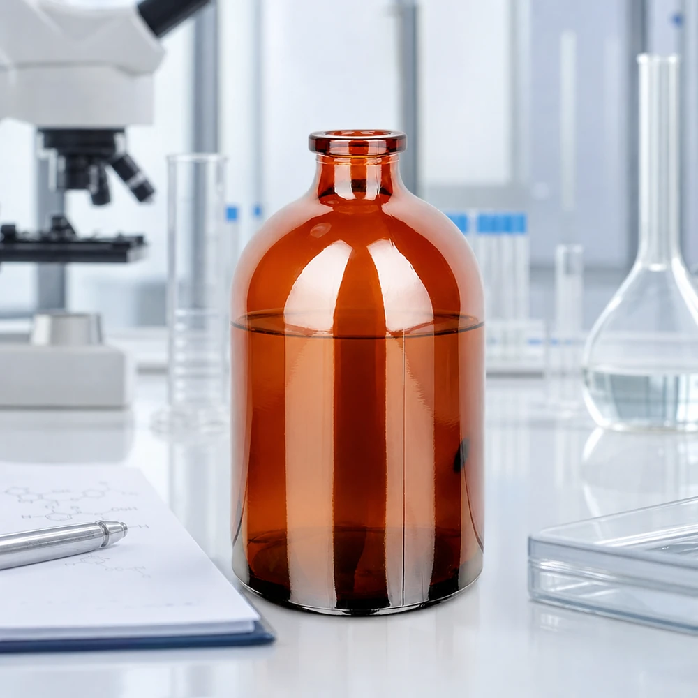 Lichtgeschützte Injektionsflasche 100ml aus Braunglas mit transparentem Trichter und Petrischale