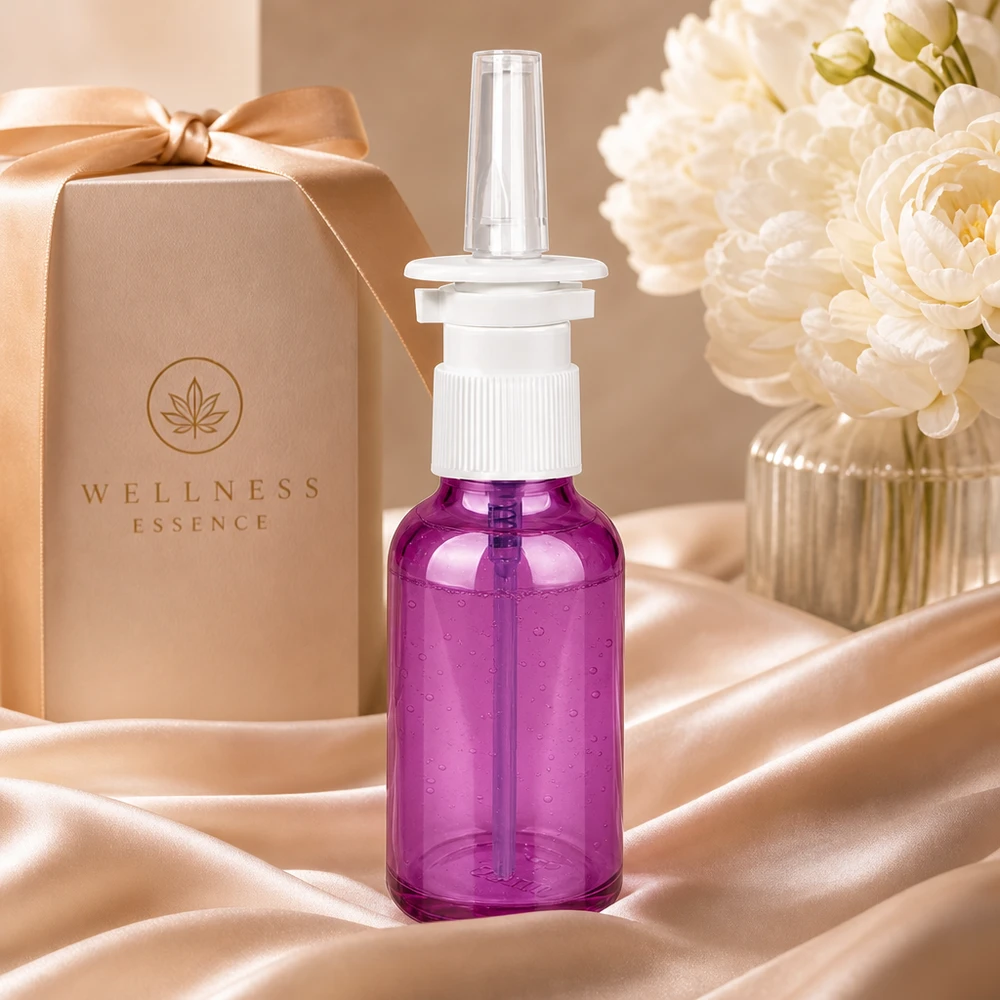 30ml Nasenspray-Container in transluzent Purple mit ergonomischer Form für komfortable Anwendung